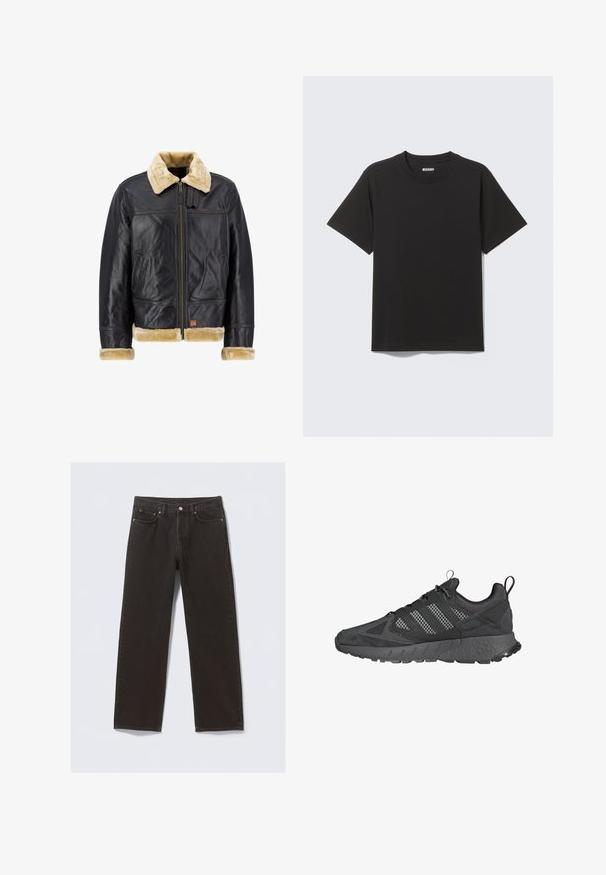Svart läderjacka med en krämfärgad fuskpälskrage och ärmslut. Har en framdragskedja och sidofickor, vilket visar en klassisk design.; Svart T-shirt med kort ärm i mjuk bomull, med rund halsringning och enkel design utan mönster eller detaljer.; Svarta denimjeans med rak benpassform, fem fickor och kopparfärgade sömmar. Slät yta, klassisk knappstängning vid midjan.; Svarta träningssneakers med överdel i mesh och mocka, texturerad gummisula, vadderad krage och en distinkt tre-stripes-design i grått.
