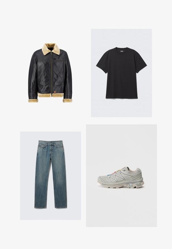 Black leather jacket with a cream faux fur collar and cuffs. Features a front zipper and side pockets, showcasing a classic design.; Black short-sleeve t-shirt made of cotton. Features a crew neckline and a relaxed fit. Simple design with no patterns or accents visible.; Blue straight-leg denim jeans with front and coin pockets, belt loops, and a metal button closure on a plain background.; Light gray athletic shoe with a textured mesh upper, reflective accents, distinct tread sole, and colorful laces. Features supportive design.