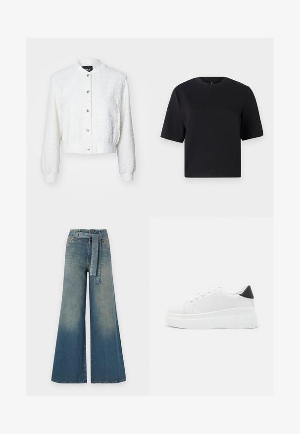 Biely skrátený bombr jacket z textúrovanej tkaniny, s dlhými rukávmi, rebrovanými manžetami a zapínaním na gombíky s striebornou kovovou súčasťou.; Čierne tričko s krátkym rukávom, okrúhly výstrih, vyrobené z hladkej bavlnenej látky; voľný strih, minimalistický dizajn, žiadne viditeľné vzory ani akcenty.; Džínsy s širokými nohavicami, ktoré majú prechod od svetlomodrej po tmavomodrú, vysoký pás, pútka na opasok a opasok z rovnakého materiálu. Textúrovaný denimový povrch.; Biele platformové tenisky vyrobené z hladkého syntetického materiálu, so zaoblenou špičkou, šnurovacím dizajnom a textúrovanou gumovou podrážkou. Čierny akcent na päte.