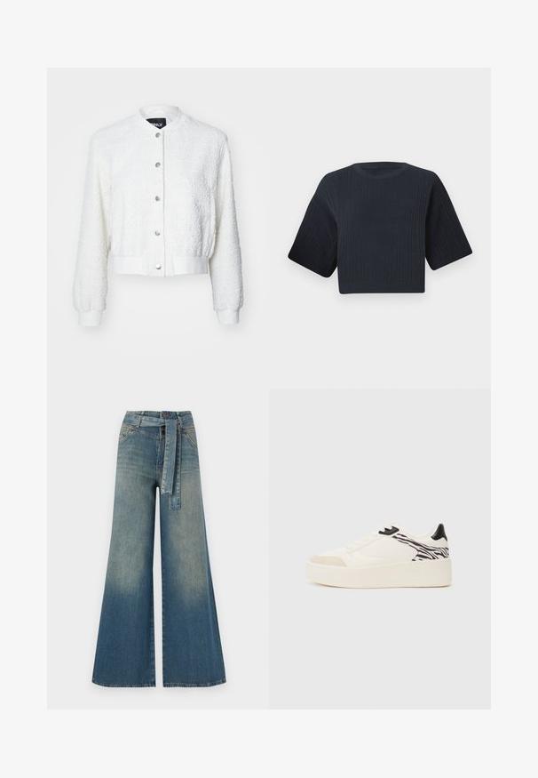 Jachetă bomber albă, scurtă, din material texturat, cu mâneci lungi, manșete cu nervuri și închidere cu nasturi, evidențiată de elemente din metal argintiu.; Pulover scurt tricotat, de culoare bleumarin închis, cu textură ribbed, mâneci scurte și largi, și guler rotund. Design simplu, fără modele sau accente vizibile.; Pantaloni din denim largi, cu un gradient de la albastru deschis la albastru închis, talie înaltă, bucle pentru curea și o curea din același material. Finisaj texturat din denim.; Even&Odd Sneakers low - white/black