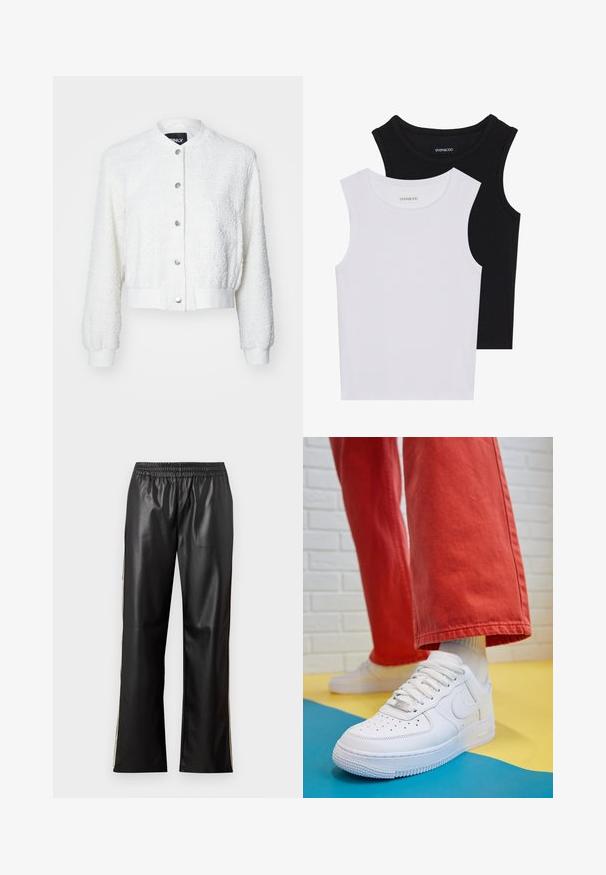 Hvit cropped bomberjakke med teksturert stoff, lange ermer, ribbestrikkede mansjetter, og knappelukking foran med sølvfarget hardware.; To skjortetopper uten ermer i svart og hvitt, laget av ribbestrikket bomull, med rund hals og en tettsittende design. Merker synlige på begge.; Sorte faux skinnbukser med elastisk midje, rett ben-design, og kontrasterende sidestroker. Glatt tekstur og minimalistisk stil.; Hvit lær sneakers med perforert tåboks, teksturert såle og hvite snørebånd, paret med vide røde bukser og en blå og gul bakgrunn.