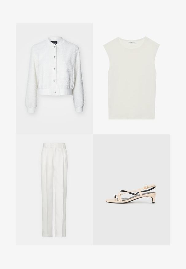 White cropped bomber jacket with textured fabric, long sleeves, ribbed cuffs, and a button-up front featuring silver hardware.; White sleeveless top with a round neckline. Made of smooth fabric, it features a relaxed fit and minimalist design. No patterns or accents.; White pinstriped trousers with a straight leg design, made from a lightweight fabric. Features pleats at the front and a traditional waistband.; Beige leather slingback sandal with crisscross straps, low heel, and black accents. Smooth texture and minimalistic design.