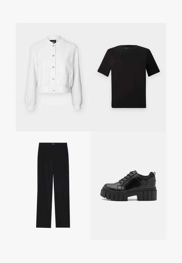 Valge lühikeste varrukatega bomber-jakk tekstuuriga kangast, pikkade varrukatega, ribatud mansettide ja nupuvajutusega esiosaga, millel on hõbedased detailid.; Must olema lühikeste varrukatega must t-särk ümmarguse kaelusega, valmistatud pehmest puuvillast kangast. Lihtne disain, ilma nähtavate logode või mustriteta.; Mustad sametpüksid sirge lõikega, lame vöökoht, ilma nähtavate taskuteta, sile tekstuur ja vertikaalne soonikute detail.; Must musta platvormsussid paksu plokkninal, ümmarguse varbaga ja traditsioonilise nööridega kinnitamisega. Sussid on sileda tekstuuriga ja minimaalsete detailidega.