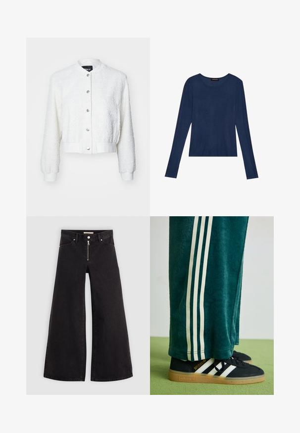 Giacca bomber bianca cropped in tessuto testurizzato, maniche lunghe, polsini a costine e chiusura con bottoni con hardware in argento.; Maglietta a maniche lunghe colore navy in tessuto morbido, presenta un colletto rotondo e cuciture piatte lungo le maniche, con una vestibilità rilassata.; Jeans a gamba larga in denim nero con chiusura a zip, design a cinque tasche e dettagli di cucitura sottili. Texture morbida e stile casual.; Pantaloni verdi strutturati con strisce bianche sui lati, abbinati a sneakers nere Adidas con tre strisce bianche e suola in gomma.