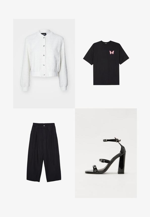 Hvid cropped bomberjakke med tekstureret stof, lange ærmer, ribbede manchetter og knaplukning foran med sølvhardware.; Sort bomulds T-shirt med korte ærmer, prydet med en lille pink sommerfugl grafik på venstre bryst. Rund hals design med en afslappet pasform.; Sorte polyester culotte bukser med elastisk talje, to forpiber og en løs silhuet. Ingen synlige mønstre eller hardware detaljer.; Sorte patenterede hælsandaler med firkantet tå, ankelremme og sølvspænder. Har en chunky blokHæl for stabilitet.