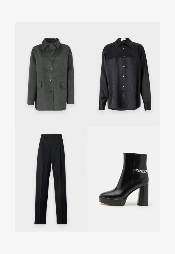 Sivi kaput od mješavine vune s tradicionalnim ovratnikom, dva prednja džepa i zatvaranjem na dugmad. Sadrži glatku crnu unutarnju oblogu.; Crna košulja dugih rukava s ovratnikom, s naboranom teksturom, potpuno dugmadi naprijed i manžetama. Izrađena od glatkog materijala.; Crne hlače od glatkog materijala s visokim strukom, širokim nogavicama, prednjim pregibima i klasičnim petljama za remen. Nema vidljivih bočnih džepova.; Crne lakirane kožne gležnjače s debelim platformom i visokim blok štiklom. Imaju srebrni lanac kao detalj sa strane. Glatka tekstura.