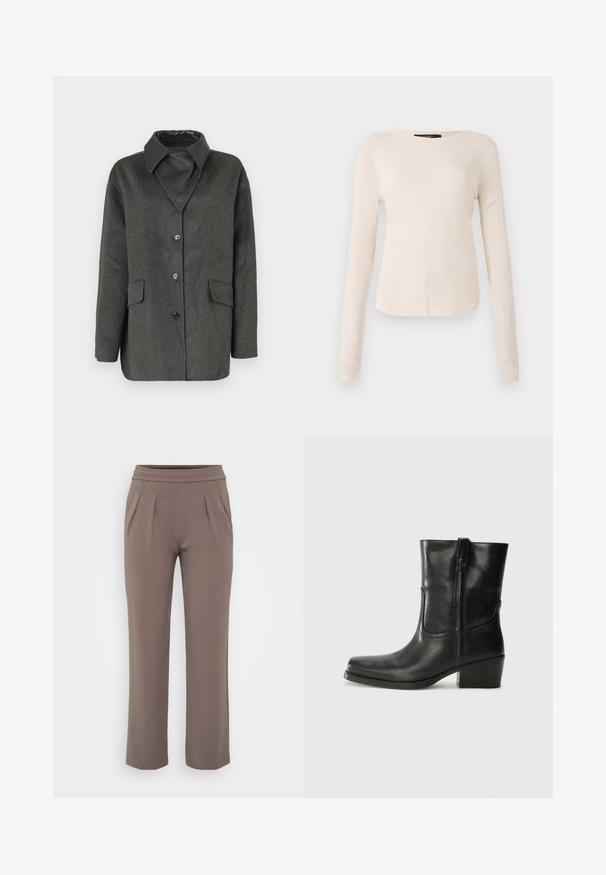 Grå ullblandad kappa med traditionell krage, två framfickor och knappstängning. Har ett slätt svart foder på insidan.; Långärmad, ljusbeige topp med rund halsringning. Tillverkad i mjukt material, har en central söm och något rundad nederkant. Inga synliga detaljer.; Taupe löst sittande byxor med elastisk midja och framfåll, gjorda av ett mjukt tyg.; Svart läderankelboot med rund tå, blockklack, sidodragkedja och sömmar på ovandelen. Slät textur, klassisk design.