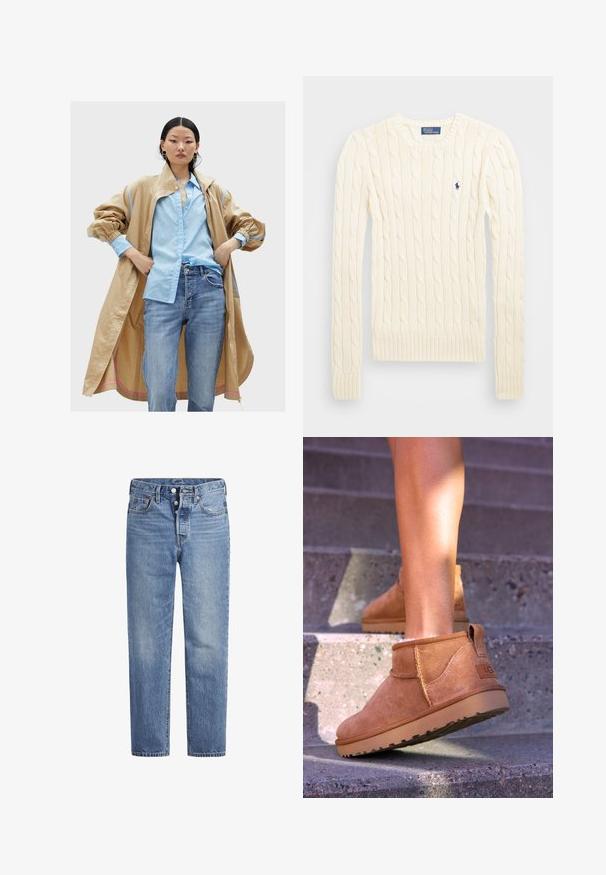 Beige oversized jas met blauwe accenten, gedragen over een lichtblauw shirt met een subtiel patroon, gecombineerd met blauwe jeans. Gladde, gemêleerde stof.; Crème kabelbreiselsweater met lange mouwen, geribbelde manchetten en zoom, met een klein geborduurd logo op de linkerkant van de borst.; Lichtblauwe spijkerbroek met een rechte snit, vijf zakken en een knoopsluiting. Heeft subtiele vervaging en oranje stikselaccenten.; Tamme suède enkelboots met een zachte textuur, gestikte details en een rubberen zool, met een lusvormige hak voor gemakkelijk aan- en uittrekken.