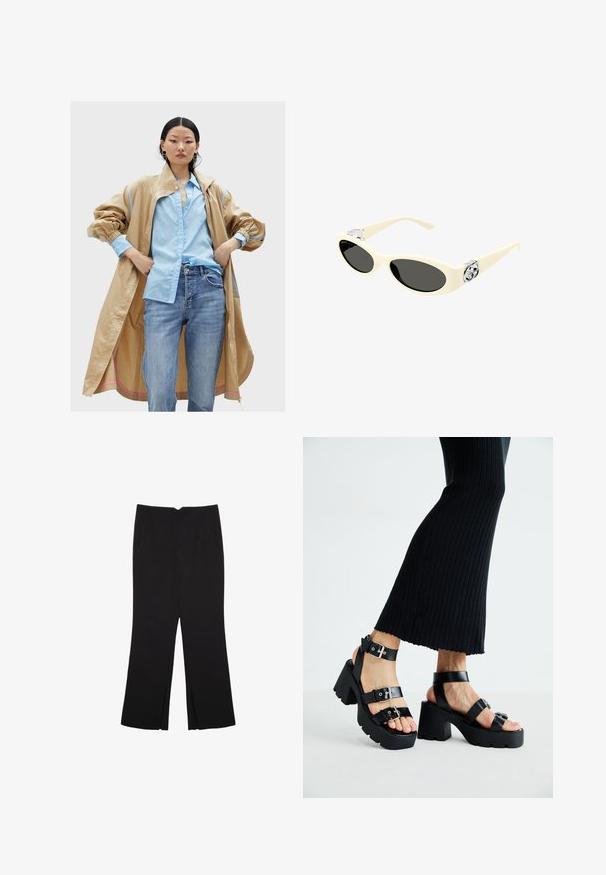 Bež jakna oversize sa plavim detaljima, nosi se preko svijetloplavog košulje s suptilnim uzorkom, u kombinaciji s plavim trapericama. Glatka, teksturirana tkanina.; Pura crna pamučna majica kratkih rukava s okruglim izrezom, prikazana na bijeloj pozadini.; Crne hlače ravnog kroja, s prednjim džepovima i bočnim prorezima na rubu. Izrađene od mekog i glatkog materijala. Pogodne za razne prigode.; Crne platforme sandale s debelim, nazubljenim potplatima i višestrukim trakama, s metalnim kopčama i glatkom teksturom koja podsjeća na kožu.; Smeđe naočale sa ovalnim sočivima, crnim tonom i metalnim logotipom na sljepoočnicama. Glatka tekstura, mačkasti oblik.