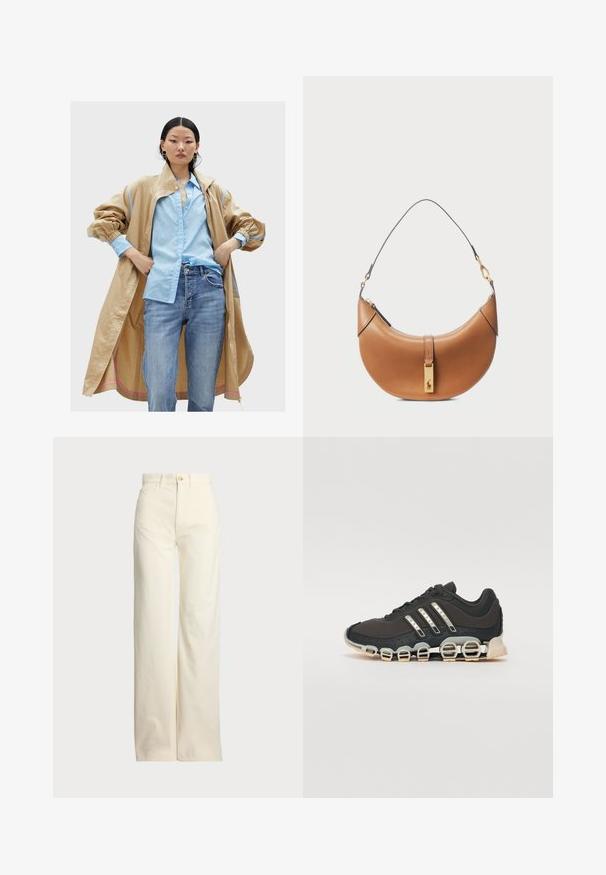 Veste beige oversize avec des accents bleus, portée par-dessus une chemise bleu clair avec un motif subtil, associée à un jean bleu. Tissu lisse et texturé.; T-shirt en coton blanc à manches courtes, avec un logo "POLO" brodé en noir sur le devant. Design simple et carré.; Polo Ralph Lauren COTTON CORDUROY WIDE-LEG PANT - Pantalon classique - warm white; Chaussure de sport noire avec un dessus texturé, trois bandes argentées et une semelle amortissante distinctive comportant plusieurs sections intégrées.; Sac à main en cuir tan avec une forme incurvée, quincaillerie dorée et une fine bandoulière. Présente une fermeture éclair et un détail de logo à l'avant.