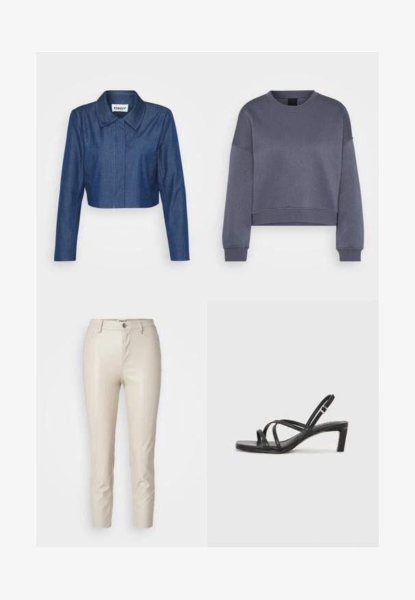 Cropped denim jacket in dark blue, featuring a pointed collar, long sleeves, front pocket, and contrasting stitching details.; Dark gray long-sleeve crewneck cropped sweatshirt with ribbed cuffs and hem, displayed on a white background.; Beige faux leather pants with a slim fit, front pockets, and a button closure, featuring smooth texture and tapered legs.; Black strappy sandal with a square toe and a low block heel. Features multiple thin straps and an adjustable ankle strap. Made of smooth leather.