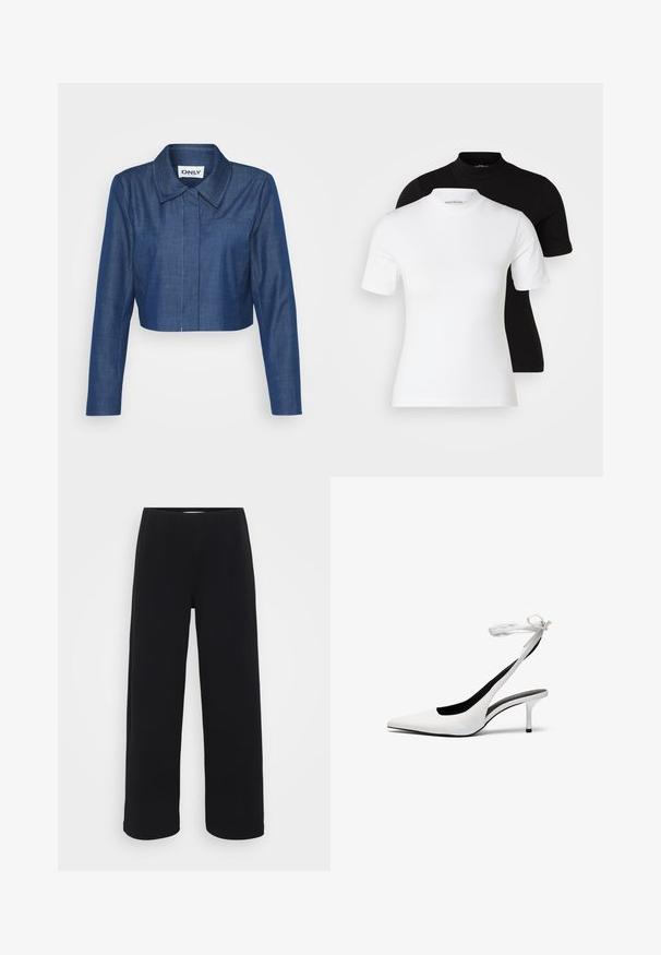 Kratka denim jakna v temno modri barvi, ki ima ostri ovratnik, dolge rokave, sprednji žep in kontrastne šive.; Even&Odd Petite 2 PACK - Navadna majica - white/black; Črne široke hlače s elastičnim pasom. Narejene iz teksturiranega materiala, se ponašajo z ohlapnim krojem in ravnim rezom od kolkov do roba.; Bele stiletto sandale z odprtim nosom in tankim zapenjanjem okoli gležnja. Gladek usnjen material, tanki stiletto pete in črna notranja podloga.