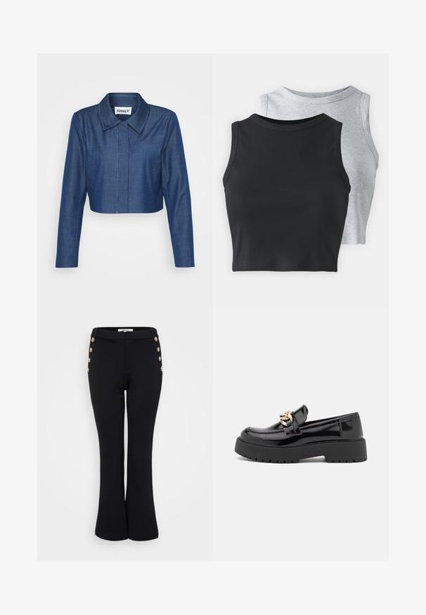 Kraftigt blåddenimjacka med kort längd, spetsig krage, långa ärmar, framficka och kontrasterande sömnadsdetaljer.; Even&Odd Petite 2 PACK - Linne - light grey/black; Svarta utsvängda byxor gjorda av mjukt material, med guldknappdetaljer längs midjan för extra stil och en figurnära silhuett.; Svarta lackläderloafers med en kraftig svart sula och detaljer i guld. Slät yta och rund tådesign.