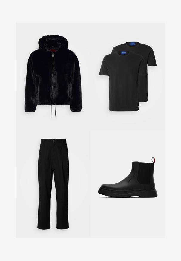 Črna jakna z umetnim krznom s kapuco, prednjim zadrgo, in z vrvico na dnu ter mehko teksturo. Ima dolge rokave in sproščen kroj.; Dve črne bombažne majice s kratkimi rokavi in okroglim izrezom, z modrimi oznakami "HUGO" na ovratnikih in stranskih robovih.; Črne hlače ravnega kroja z gumbastim pasom, zanke za pas in sprednjim pregibom, prikazane na enobarvnem belem ozadju.; Črne gležnjarje z gladkim zaključkom, elastičnimi stranskimi paneli in kontrastnim rdečim izvlečnim trakom, ki vključujejo debel gumijast podplat in zaobljen nos.