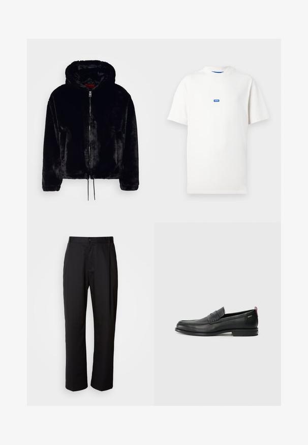 Fekete műszőrme kapucnis dzseki cipzáros elülső résszel, húzózsinórral az alján és puha tapintással. Hosszú ujjak és laza szabás jellemzi.; Fehér rövid ujjú póló, melynek mellkasán középen egy kis kék téglalap alakú logó olvasható: "HUGO", egyszínű háttér előtt.; Fekete, egyenes szabású nadrág, könnyű anyagból készült. Elöl gombos záródással és két oldalsó zsebbel rendelkezik; sima textúrájú.; Fekete bőrcipők, texturált elülső részel és sima oldalakkal. Karcsú sarokkal és hátsó hurkkal könnyű felvételhez. Klasszikus dizájn.