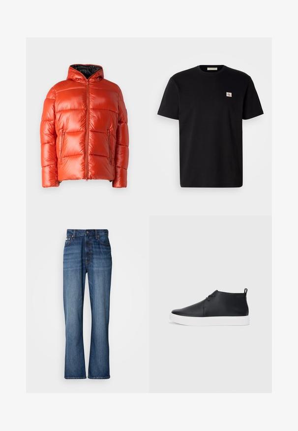 Giacca a vento rossa con finitura lucida, frontale con zip e tasche laterali. Presenta un cappuccio e un design trapuntato per calore e isolamento.; T-shirt di cotone nero con maniche corte, collo rotondo e un piccolo logo ricamato sul lato sinistro del petto. Texture liscia, vestibilità regolare.; Jeans in denim blu con vita alta, gambe a zampa d'elefante, design a cinque tasche e cuciture tono su tono. Presentano un bottone alla vita e tasche ribattute.; Sneakers alte in pelle nera con finitura liscia, suola in gomma bianca e un design semplice con lacci. Presentano un occhiello sul retro.