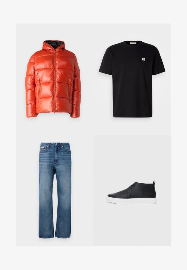 Punainen puhvitakki kiiltävällä pinnalla, vetoketjullinen etuosa ja sivutaskut. Varustettu hupulla ja tikatulla designilla lämpöä ja eristystä varten.; Musta puuvillapaita lyhyillä hihoilla, pyöreällä kauluksella ja pienellä kirjailulla vasemmassa rinnassa. Sujuva pinta, normaali malli.; Siniset suorat farkut, joissa on vähäistä haalistumista, etuvetoketju ja pieni logotagi oikeassa etutaskussa.; Musta nahkainen korkeavartinen lenkkari, jossa on sileä pinta, valkoinen kumipohja ja yksinkertainen nauhoitusdesign. Takana on vetoketju.