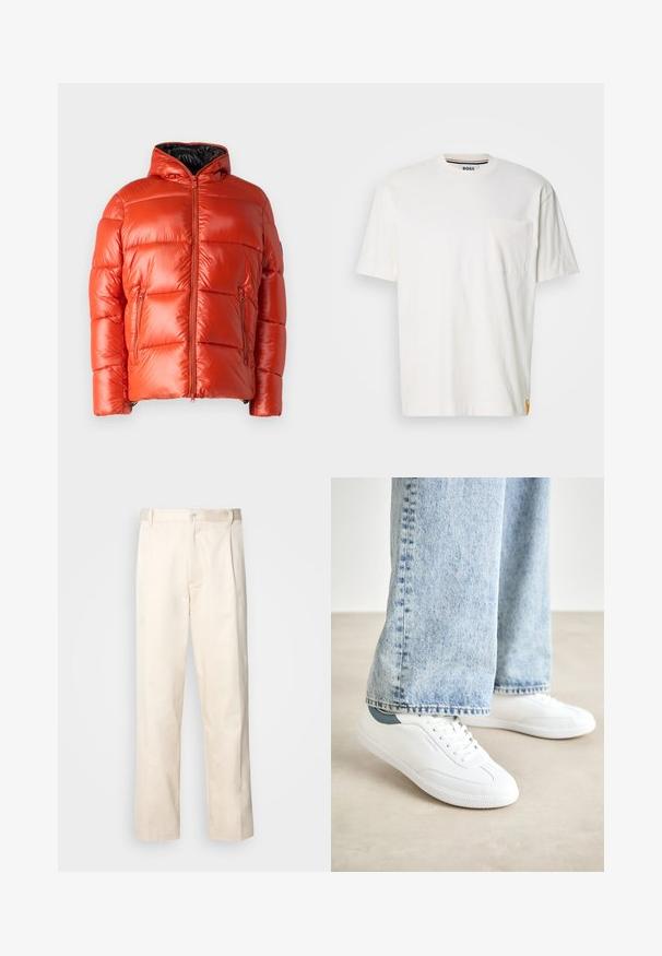 Crvena puffer jakna s sjajnom završnom obradom, prednjim zatvaračem i bočnim džepovima. Sadrži kapuljaču i quilted dizajn za toplinu i izolaciju.; Bijela pamučna majica s okruglim izrezom, kratkim rukavima i džepom na lijevoj strani prsnog koša. Sadrži malu oznaku s logotipom na bočnom šavu.; Bežaste pamučne hlače ravnog kroja s kopčanjem na dugme i plisiranjima sprijeda za dodatni detalj.; Bijele tenisice od glatkog materijala, s vezivanjem, teksturiranom gumom potplatom i tirkiznim detaljem na peti, u kombinaciji s svijetloplavim trapericama.