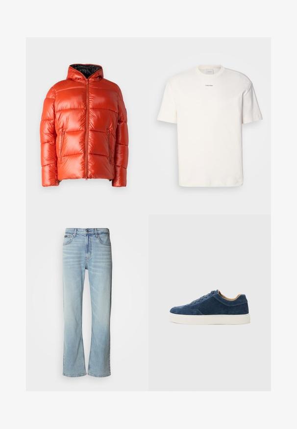Red puffer jacket with a glossy finish, zippered front, and side pockets. Features hood and quilted design for warmth and insulation.; White cotton T-shirt featuring a round neck, short sleeves, and embroidered "Calvin Klein" logo at the chest center. Plain design.; Light blue denim jeans with a straight-leg cut, featuring five pockets, a button closure, and subtle fading on the fabric.; Blue suede sneaker with white rubber sole, lace-up design, rounded toe, and contrasting tan interior. Subtle stitching details.