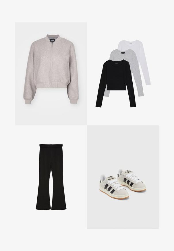 Šedá zkrácená bomber bunda vyrobená z měkké tkaniny. Obsahuje zipové zapínání, žebrované manžety a límec. Jednoduchý design bez dalších akcentů.; Tři trička s dlouhým rukávem naskládaná na sobě: černé, šedé a bílé. Každé má kulatý výstřih a kratší střih z hladkého, lehkého materiálu.; Černé legíny s rozšířením vyrobené z elastického materiálu. Mají široký pás a hladkou strukturu, s přiléhavým střihem, který se na lemu rozšiřuje.; Šedé semišové tenisky s bílými tkaničkami, černými pruhy a bílou gumovou podrážkou. Mají kulaté logo na jazyku a gumovou podrážku.