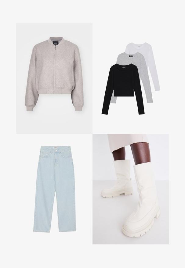 Chaqueta bomber recortada gris hecha de tela suave. Cuenta con un cierre de cremallera, puños y cuello de canalé. Diseño simple sin acentos adicionales.; Tres camisetas de manga larga apiladas: negra, gris y blanca. Cada una tiene un escote redondo y un diseño recortado con una tela suave y ligera.; Jeans de mezclilla de pierna ancha en azul claro, con una cintura de altura media, cinco bolsillos y un cierre de botón con un acabado metálico delgado.; Botas blancas hasta el tobillo con un acabado suave y texturizado, que presentan una suela de goma gruesa y una forma esculpida para un diseño moderno.