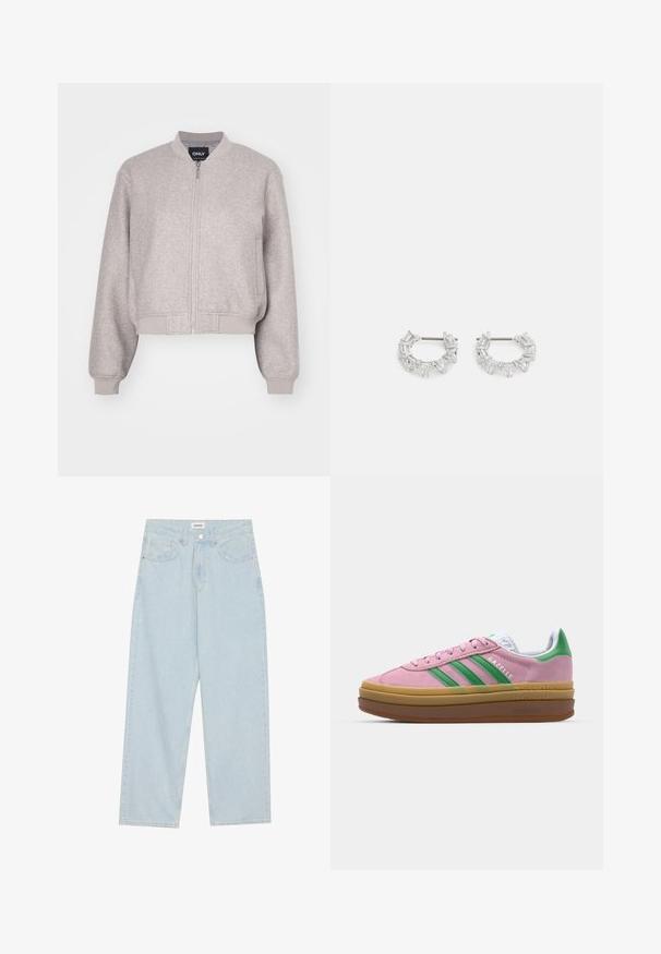 Grå cropped bomberjakke laget av mykt stoff. Har glidelås-lukking, ribbet mansjetter og krage. Enkel design uten ytterligere detaljer.; Tre lange ermer t-skjorter stablet: svart, grå og hvit. Hver har en rund hals og et kort design med glatt, lett stoff.; Lys blå vide jeans laget av denim, med middels høyde på livet, fem lommer og en knappelukking med en slank metalldetalj.; Rosa semskede sneakers med grønne striper, hvite detaljer og en brun gummisåle. Har teksturert stoff og logodetaljer på siden.; Sølv hoop-øreringer med rektangulære og trekantede klare krystaller arrangert i et sirkulært mønster med en sentral stift for festing.