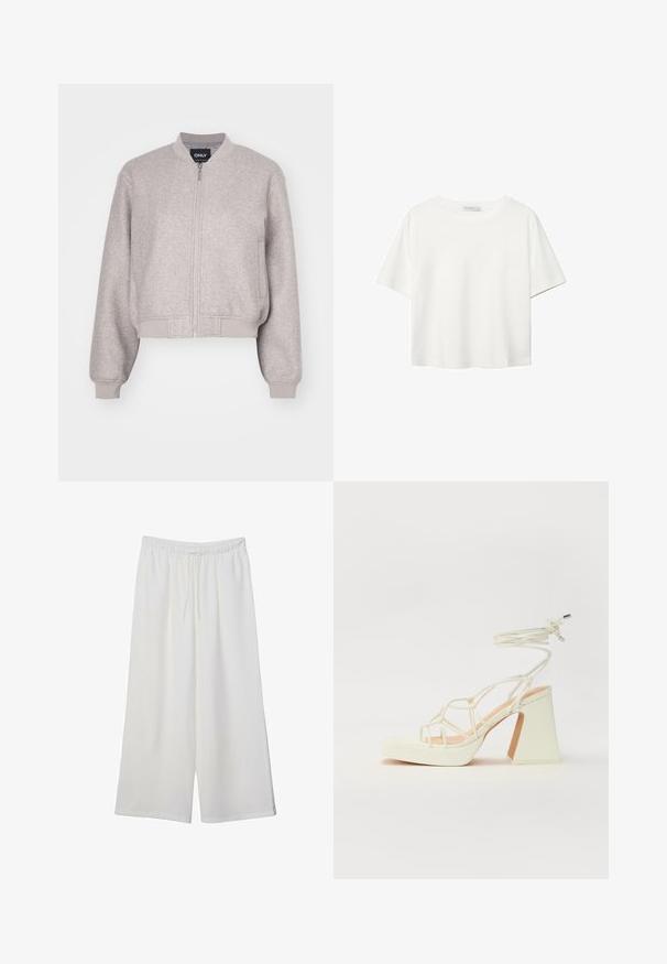 Grå kort bomberjacka i mjukt tyg. Har dragkedjestängning, ribbade ärmar och krage. Enkel design utan ytterligare detaljer.; Vit t-shirt med kort ärm i bomull. Har en rundad halsringning och en avslappnad passform. Slät textur utan synliga mönster eller detaljer.; Vita vida byxor i lätt tyg med elastisk midja och dragsko för justerbar passform. Mjuk textur.; Vit högklackad sandal med en kraftig klack, med ett remdesign och ankelband. Slät textur med en plattform framtill för ökad höjd.