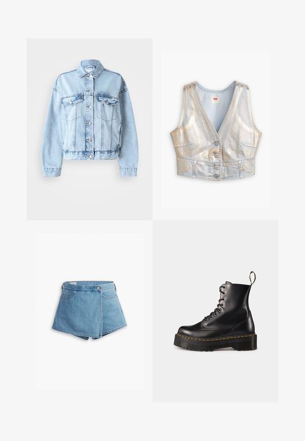 Gaiši zils džinsu jaciņš ar garajām piedurknēm, klasisko apkakli, pogu aizdari un divām krūšu kabatām. Ievērojama nedaudz saīsināta piegriezuma un izbalējuša tekstūra.; Gaiši zils denim auduma īss vests ar V veida kaklu, metāliski spīdīgs, ar piecām pogām un divām priekšējām kabatām; kopumā gluda tekstūra.; Gaiši zili džinsu šorti ar aptverošu dizainu, priekšējām kabatām un metāla pogu aizdari. Gluda tekstūra ar izšūtām malām.; Melnas ādas lakotās potītes ar masīvu melnu zoli un dzelteno šuvju. Izvērsta cilpa aizmugurē un apaļie metāla acu caurumi.