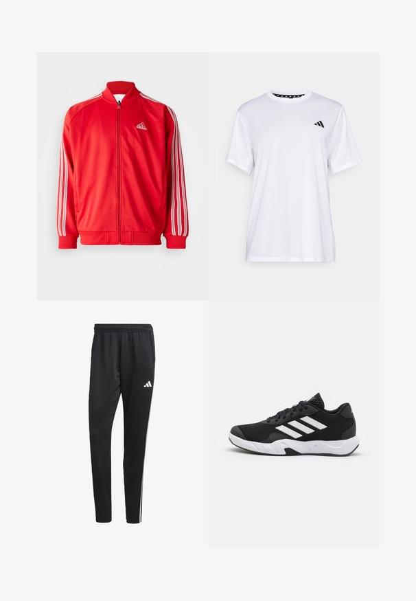 Rdeča športna jakna z visokim ovratnikom, sprednjim zadrgo, belimi tridelnimi detajli na rokavih ter rebrastimi manšetami in robom. Logo na prsih.; Bela športna majica s kratkimi rokavi, izdelana iz tkanine, ki odvaja vlago. Ima črn logotip na levem prsnem delu in vzorčasto notranjo vratno odprtino.; Črne atletske hlače z raztegljivim pasom, belimi stranskimi črtami in majhnim belim logotipom na stegnu. Narejene so iz gladkega, lahkega materiala.; Črne atletske čevlje z strukturiranim mrežastim zgornjim delom, belimi poudarnimi črtami, oblazinjenim podplatom in ojačanim petnim delom za podporo.