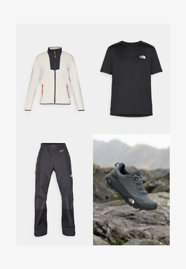 Svijetlo siva fleecel jacket s tamnoplavim prednjim panelom, narančastim povlačenjem munje i dva džepa sa zatvaračem. Ima visoki ovratnik i crne akcentne detalje.; Crna majica kratkih rukava izrađena od lagane tkanine. Ima mali bijeli logo na lijevoj strani grudi i suptilne naglaske na ramenima.; Crne vodootporne hlače s glatkom teksturom, s GORE-TEX logotipom sprijeda i ojačanim donjim dijelovima nogavica za izdržljivost.; Sive trail trkačka cipela s teksturiranim gornjim dijelom, izdržljivom gumenom potplatom i ojačanim vrhom. Ima vezice i logotip branda sa strane.