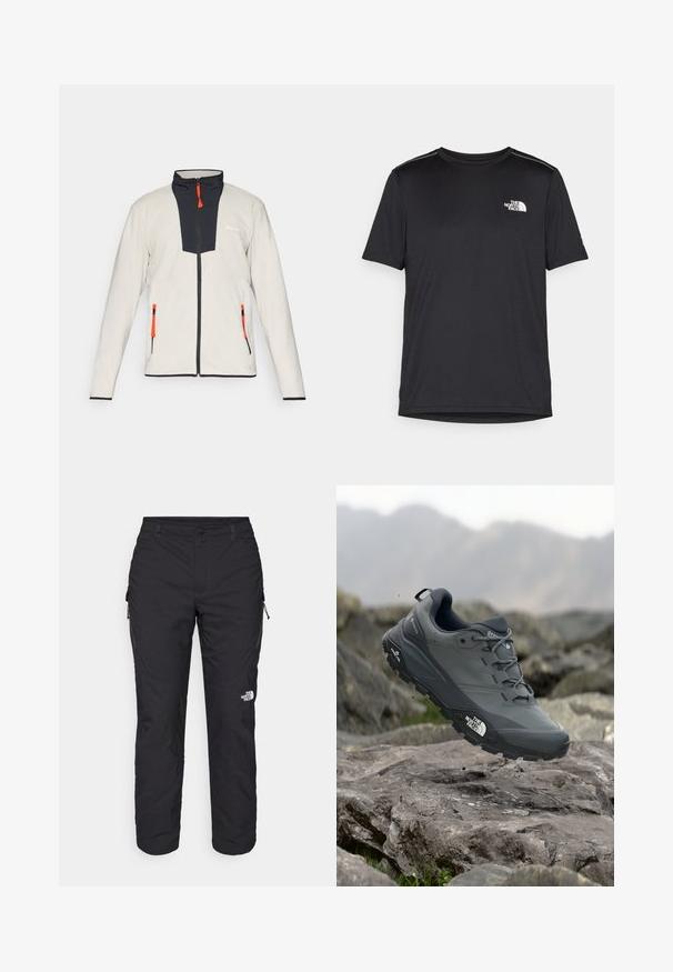 Helehall fleece-jakk, millel on tumesinine esispaneb, oranžid tõmblukude tõmburid ja kaks tõmbluku-taskut. Omab kõrget kaelust ja musti aktsente.; Must mustaöödiga must T-särk, mis on valmistatud kerge riidekanga. Esiküljel on vasakul rinnal väike valge logo ning õlgadel on peened aktsendid.; The North Face WINTER EXPLORATION TAPERED CARGO - Õuepüksid - black; Hallhalli jooksukingad halli värvi, tekstureeritud ülemise osaga, vastupidava kummist tallaga ja tugevdatud varvaste kattega. Omab paelu ja kaubamärgi logo küljel.