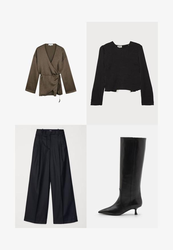 Brown long-sleeve wrap blouse with V-neck, tied at the waist with a thin string, and a subtle textured fabric pattern.; Black long-sleeve top with a round neckline, textured fabric, cropped hem, and subtle seams, featuring side pockets for added detail.; Black wide-leg trousers made of smooth fabric, featuring a high waist, pleats, and a tailored design. Simple black hardware at the waist.; Stuart Weitzman BOOT - Boots - black