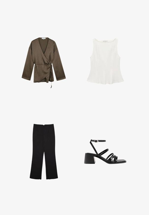 Blusa avvolgente marrone a maniche lunghe con scollatura a V, legata in vita con un sottile cordino e un delicato motivo di tessuto testurizzato.; Top bianco senza maniche con scollatura tonda, caratterizzato da una forma svasata e una texture morbida, realizzato in tessuto leggero. Design semplice senza stampe.; Pantaloni neri a gamba dritta, con tasche frontali e spacchi laterali all'orlo. Realizzati in tessuto morbido e liscio. Adatti a diverse occasioni.; Sandali neri in pelle con tacco, caratterizzati da molte cinghie sottili e una fibbia alla caviglia. Design con punta quadrata e tacco a blocco, con una superficie liscia.