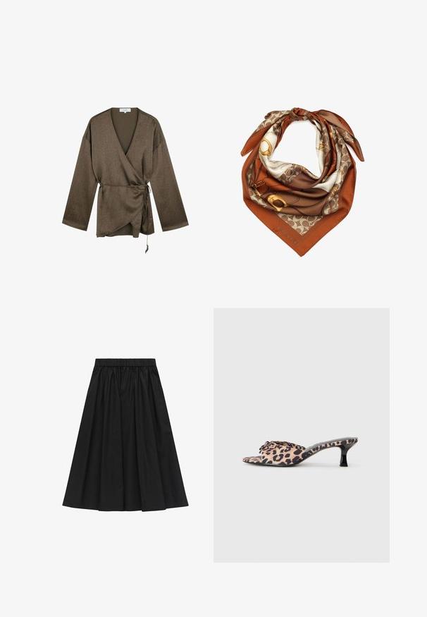Bruine lange mouwen wikkelblouse met V-hals, op de taille geknoopt met een dunne koord, en een subtiel textuurpatroon in de stof.; Witte korte mouw t-shirt van zacht katoen. Bevat een ronde halslijn en een rechte snit, met minimale stikdetails en geen patronen.; Zwarte, knie-lange rok met een elastische tailleband, met een textuurstof en een geplooid ontwerp, dat een volumineuze vorm creëert.; Luipaardprint muiltjes met een lage, zwarte stilettohak. Bovenwerk van zacht materiaal met een knoopdetail aan de voorkant en een gladde, platte zool.; Zijden sjaal met een bruin en crème patroon, met gouden accenten. Afgewerkte randen en een merklabel "COACH" in de hoek. Driehoekige vorm.; Zwarte suède tote bag met een V-vormig ontwerp, platte handvatten en een gouden accent rits. Zacht van textuur, minimalistische stijl en geen zichtbare hardware.