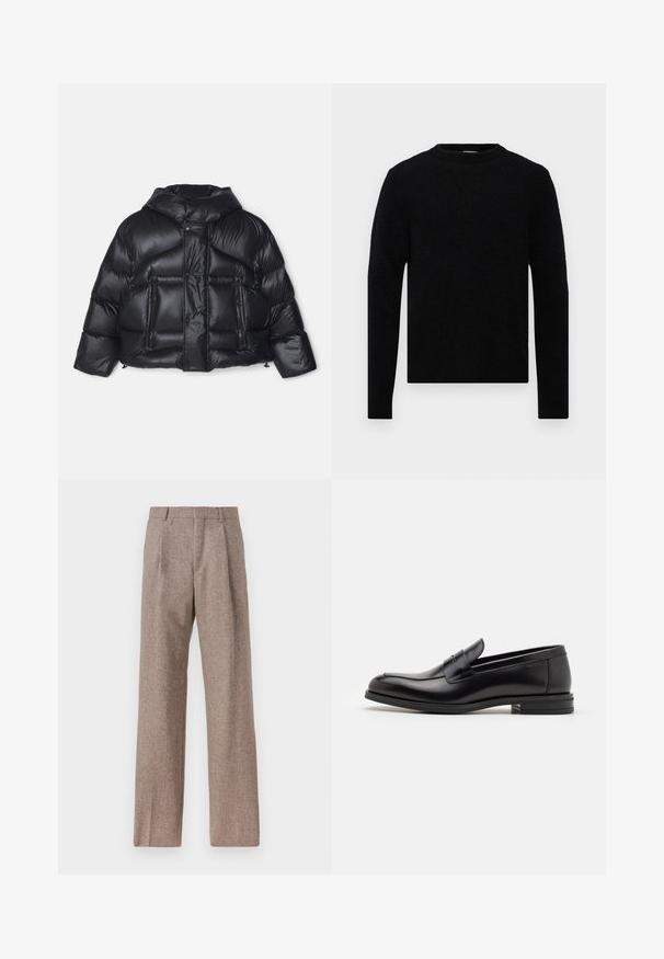 DSQUARED2 ICON PUFFER KABAN - Sulejope - black; Filippa K SWEATER - Džemper - black; Prunnid, kõrge vöökohaga püksid, mis on valmistatud tekstureeritud kangast. Omavad laiu jalgu ja kahte eesmist voldikut struktuuri jaoks. Korralik viimistlus, ilma nähtava riistvarata.; Mustad mustad nahast loafers sileda tekstuuriga, ümarat ninaosa ja dekoratiivne riba vampi üle. Madal kihiline konts, minimalistlik disain.