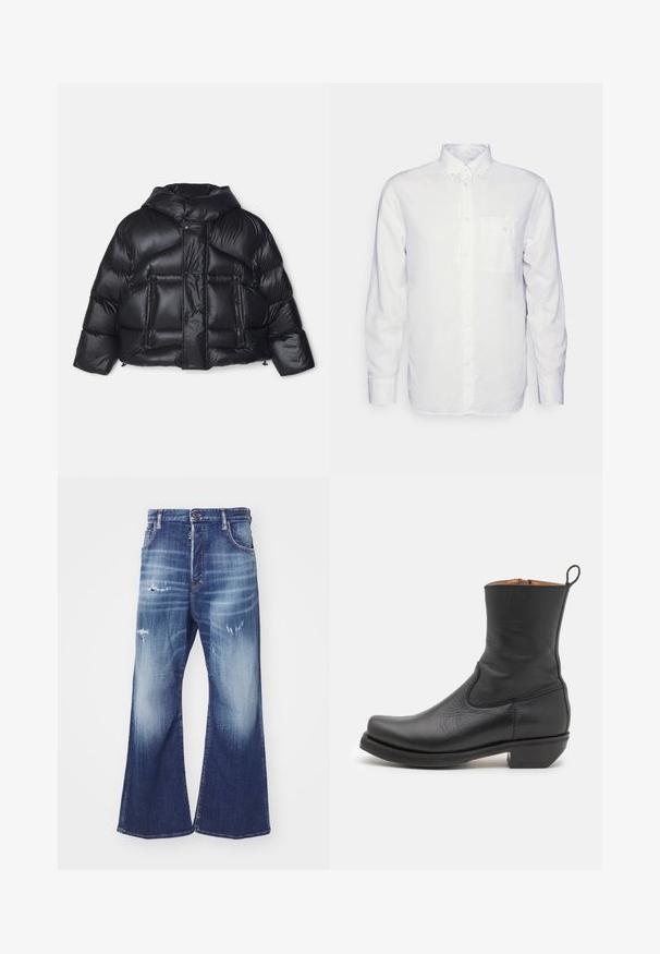 DSQUARED2 ICON PUFFER KABAN - Piumino - black; Camicia bianca a maniche lunghe realizzata in cotone, con colletto button-down, tasca frontale e vestibilità regolare. Tessuto testurizzato con una superficie liscia.; DSQUARED2 ICON EROS - Jeans baggy - navy blue; Stivale alla caviglia in pelle nera con una texture liscia, profilo snello, cuciture laterali e un tacco quadrato basso. Presenta un pratico lacciolo sul retro.