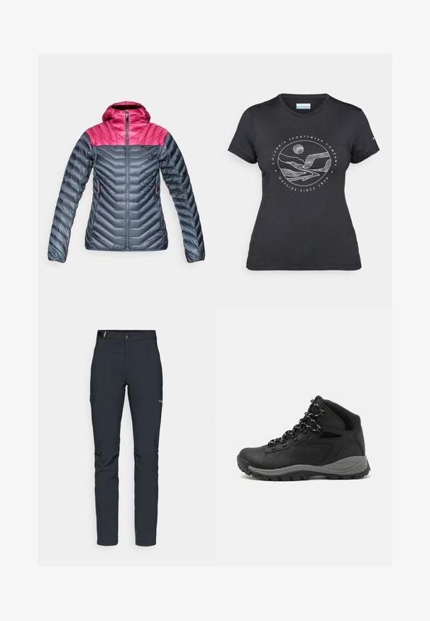 Geïsoleerde jas met een capuchon, met een roze bovenste gedeelte en een donkergrijze body. Chevron-steppingen, ritszakken en een gladde textuur.; Zwarte Columbia t-shirt met witte cirkelvormige lijntekening van bergen en een rivier en de tekst "Columbia Sportswear Company Outside Since 1938."; Heren buitenbroeken, donkergrijs, gemaakt van flexibel materiaal, met een riem, ritszakken en verstevigde stiksels.; Zwarte wandelschoen met een mid-top ontwerp, voorzien van een gestructureerde bovenkant, grijze accenten en een duurzame rubberen zool met gripnoppen.