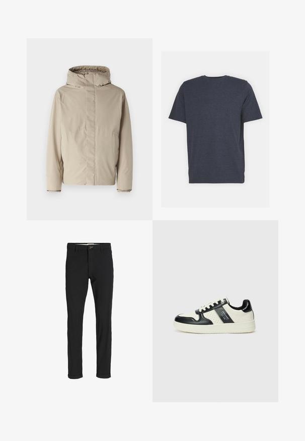 Veste isolée beige avec un haut col et une capuche, présentant un design minimaliste et un tissu texturé. Pas de fermetures ni de motifs visibles.; T-shirt bleu marine à col rond en tissu de coton mélangé doux, avec des manches courtes et une coupe régulière. Pas de motifs ni d'accents visibles.; Pantalons noirs en mélange de coton avec une coupe slim, dotés d'une fermeture à bouton, de poches et de revers pour une finition décontractée.; Baskets en cuir avec un schéma de couleurs noir et crème, dotées d'accents perforés, d'un col rembourré et d'une semelle texturée.