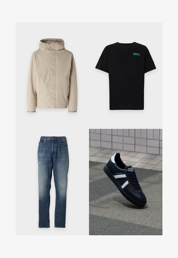 Bežna izolirana jakna z visokim ovratnikom in kapuco, ki se ponaša z minimalističnim dizajnom in teksturirano tkanino. Brez vidnih zapiranj ali vzorcev.; Črna majica iz bombaža z kratkimi rokavi. Na sprednji strani ima zeleno logotip "ROOTS", okroglo ovratnico in standardno prileganje.; Denimske hlače v zbledeli modri barvi, s straight leg obliko, z zmernim obrabljenjem spredaj in klasičnim pet-pocket stilom.; Črne usnjene superge z belimi črtami, teksturiran gumijast podplat in zavezovanje spredaj. Imajo označeno oznako na ježku.