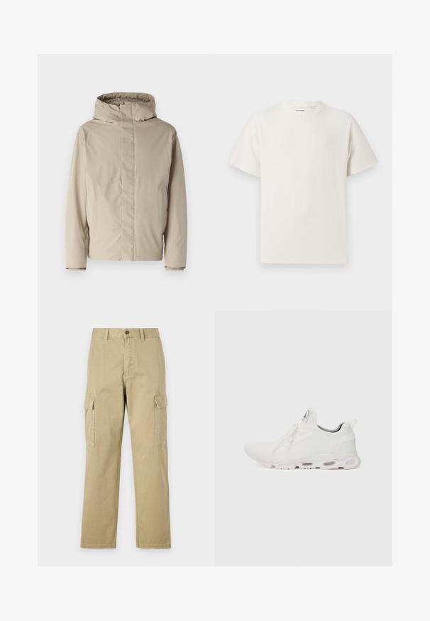 Giacca isolante beige con collo alto e cappuccio, caratterizzata da un design minimalista e tessuto testurizzato. Nessuna chiusura o motivo visibile.; T-shirt bianca a maniche corte in texture a coste. Girocollo, vestibilità rilassata, senza modelli o accenti visibili. Design semplice e versatile.; Pantaloni cargo beige in cotone, dotati di due tasche laterali, chiusura con bottone e gamba dritta con tessuto leggermente texture.; Scarpe atletiche bianche con tomaia in maglia testurizzata, lacci piatti e una suola ammortizzata con camere d'aria visibili per un supporto aggiuntivo.