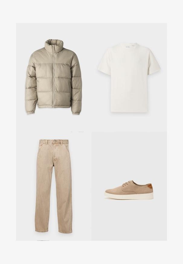 Ruda pūkų striukė su aukštu apykakle, užtrauktuku priekyje ir elastingomis rankovėmis. Ypatingas siuvinėjimo tekstūra ir kvadratinis dizainas.; Balta trumpa rankovė T-polo marškinėlių su juostelėmis tekstūra. Apvalus iškirpimas, laisvas fasonas, jokių matomų raštų ar akcentų. Paprastas ir universalus dizainas.; Smėlio spalvos džinsai su tiesia kojų siluetu, turintys priekinę kišenę, metalinį mygtuką ir subtilią tekstūrą.; Bežiniai zomšiniai sportbačiai su apvaliomis pirštų dalimis, raišteliais priekyje ir tekstūruotu užkulniu. Balta guma suteikia kontrastą. Paprastas ir modernus dizainas.