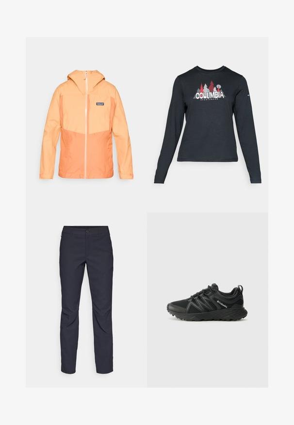 Giacca leggera con cappuccio in tonalità arancio con zip a contrasto crema. Presenta una tasca sul petto e polsini elasticizzati per una vestibilità sicura.; Maglietta a maniche lunghe grigia scura con una grafica di alberi rossi e montagne; logo "COLUMBIA" in caratteri bianchi in grassetto. Tessuto morbido, scollatura a girocollo standard.; Pantaloni blu navy realizzati in tessuto liscio, con chiusura frontale a bottone, design slim-fit e pieghe decorative sulle ginocchia.; Columbia PEAKFREAK - Scarpa da hiking - black