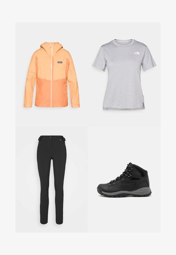 Lightweight, hooded jacket in orange hues with contrasting cream zip. Features a breast pocket and elastic cuffs for secure fit.; Grey short-sleeve t-shirt made of soft, moisture-wicking fabric. Features a crew neck and a small white logo on the upper left.; Black, fitted pants made from a flexible material. Features include a zippered side pocket, articulated knees, and a smooth texture.; Black hiking boot with a mid-top design, featuring a textured upper, gray accents, and durable rubber sole with traction lugs.