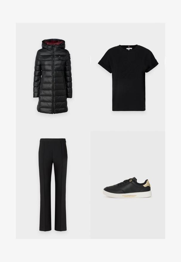 Blauer AGNES - Winter coat - nero/red; Black cotton t-shirt with rolled short sleeves, featuring an embossed logo in the center and a small flag accent on the side.; Black tailored trousers with a smooth texture, featuring a straight-leg cut, centered front pleats, and a minimalist waistband design.; Black leather sneaker with a smooth texture, white rubber sole, gold accents on the heel and eyelets, featuring a logo on the side.