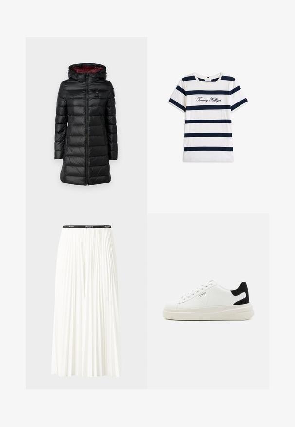 Blauer AGNES - Vinterfrakke - nero/red; T-shirt i bomuld med vandrette marineblå striber på en hvid baggrund. "Tommy Hilfiger" broderet i kursiv på brystet. Rund hals.; Plisseret hvid nederdel med en sort elastisk talje, der har "LACOSTE"-logoet. Mellemlang design med blød tekstur.; Hvide lædersneakers med en tyk hvid sål, sort ruskindhælvægt og prægede logoer på siden. Snørebåndsdesign med seks øjer.