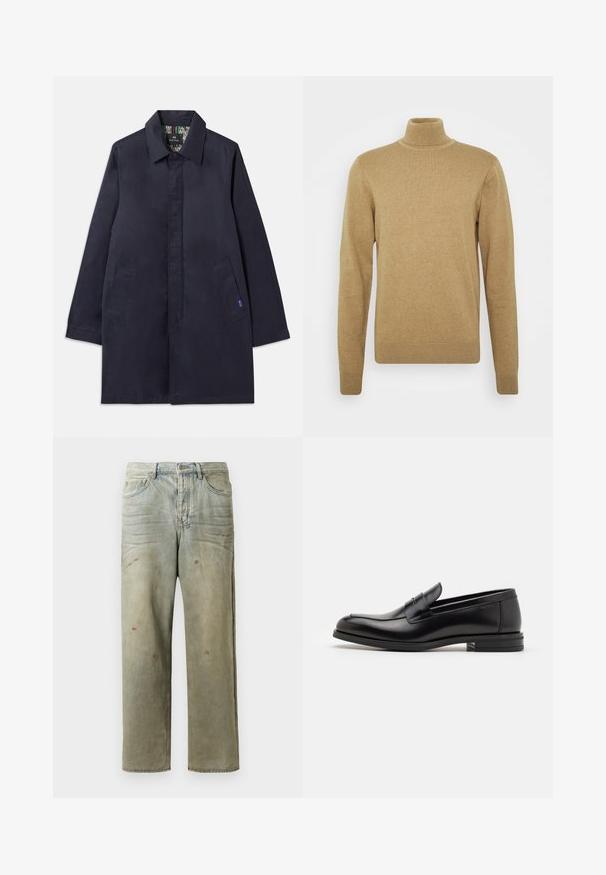 Tamsiai mėlynas paltas su apykakle, dviem šoninėmis kišenėmis ir tiesiu kirpimu. Viduje yra raštuotas pamušalas. Pagamintas iš lygaus audinio.; Bežinė storo audinio megztinė su aukštu kaklu. Turi ilgomis rankovėmis ir prigludusį dizainą. Raukšlėtas apykaklė ir apačia.; Šviesiai žaliai nuvarytos džinsinės kelnes, su tiesiomis kojomis, penkių kišenių dizainu, nelygiai blukščiantis ir su dažų lašeliais.; Juodos odinės loafers, turinčios lygų paviršių, apvalią noselę ir dekoratyvinę juostą per priekinę dalį. Žemas krentantis kulnas, minimalistinis dizainas.