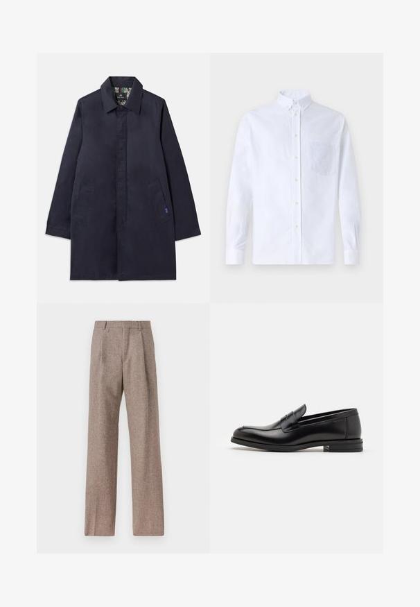 Granatowy płaszcz z kołnierzykiem, dwiema bocznymi kieszeniami i prostym krojem. Wnętrze wykończone wzorzystą podszewką. Wykonany z gładkiego materiału.; Biała koszula z długim rękawem na guziki, wykonana z bawełny, z kieszonką na piersi z tonowym haftem, kołnierzykiem i zapięciem na guziki przy mankietach.; Brązowe, wysokiej talii spodnie wykonane z teksturowanej tkaniny. Posiadają szerokie nogawki i dwa przednie zakładki dla lepszej struktury. Starannie wykończone, bez widocznych elementów metalowych.; Czarne skórzane mokasyny o gładkiej fakturze, zaokrąglonym nosku i dekoracyjnym pasku na przodzie. Niski, warstwowy obcas, minimalistyczny design.