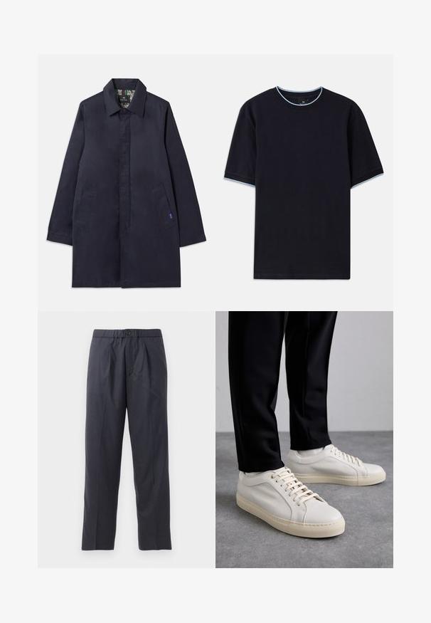 Mornarsko moder plašč z ovratnikom, dvema stranskima žepoma in ravnim krojem. Notranjost ima vzorčasto oblogo. Narejen iz gladkega materiala.; Temno modra kratka majica s kratkimi rokavi in okroglim izrezom, s svetlo modrimi poudarki na ovratniku in rokavih. Narejena iz mehke bombažne tkanine.; Temno modri hlače iz mehkega materiala z nabranim sprednjim delom in elastičnim pasom. Imajo gumbasto zapiranje in ravno krojene hlačnice.; Svetlo bež usnjeni športni čevlji z ravnimi vezalkami, teksturirano površino in kontrastnim smetanastim gumijastim podplatom, v kombinaciji s črnimi oprijetimi hlačami.