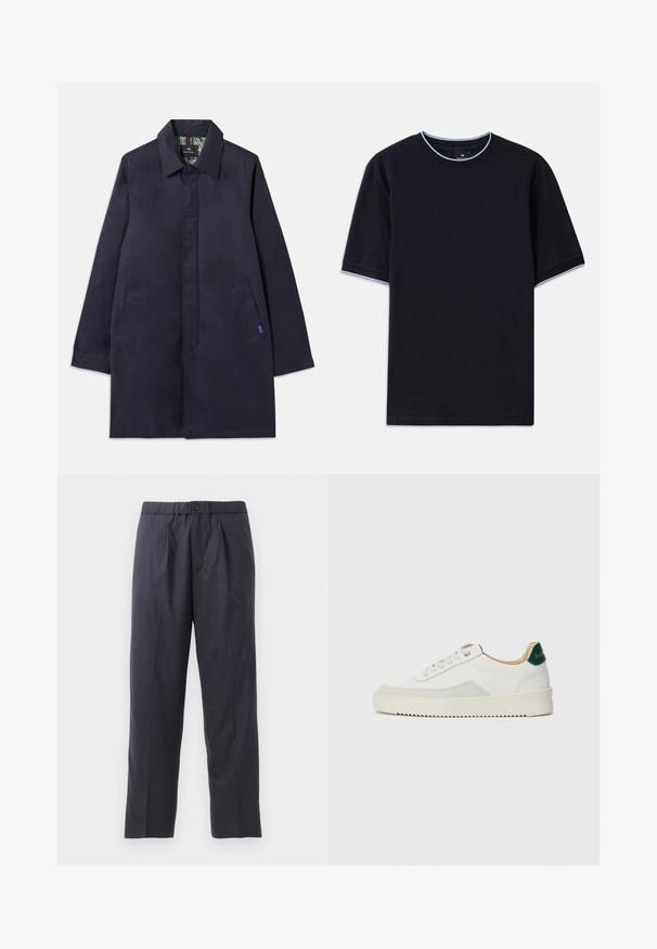 Mornarićeko plavi kaput s ovratnikom, dva bočna džepa i ravnim krojem. Unutrašnjost s uzorkastom podstavom. Izrađen od glatkog materijala.; Tamno plava kratka majica s kapućinom, s okruglim izrezom, s svijetloplavim detaljima na ovratniku i rukavima. Izrađena od mekog pamučnog materijala.; Tamno plave hlače od mekanog materijala s plićim prednjim dijelom i elastičnim pojasom. Imaju zatvaranje na gumb i ravno krojenje.; Bijele tenisice s akcentima od antilopa, zaobljenim vrhom, ravnim vezicama i krem gumenim potplatom. Imaju zelenu oznaku na peti.