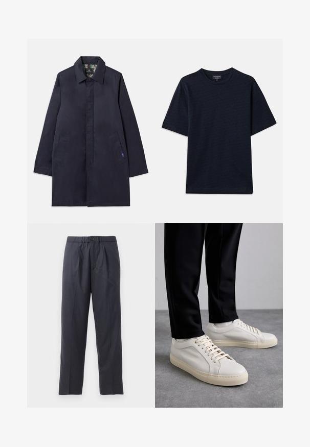 Cappotto blu navy con collo, due tasche laterali e taglio dritto. Interno con fodera fantasia. Realizzato in tessuto morbido.; T-shirt blu navy con pattern testurizzato, colletto rotondo e maniche corte. Dettaglio del logo discreto sul petto, realizzato in morbido cotone.; Pantaloni scuri in navy realizzati in tessuto morbido, con design a pieghe frontali e vita elastica. Presentano una chiusura con bottone e un taglio dritto.; Sneaker in pelle beige chiaro con lacci piatti, superficie texturizzata e suola in gomma di colore crema in contrasto, abbinati a pantaloni neri a sigaretta.